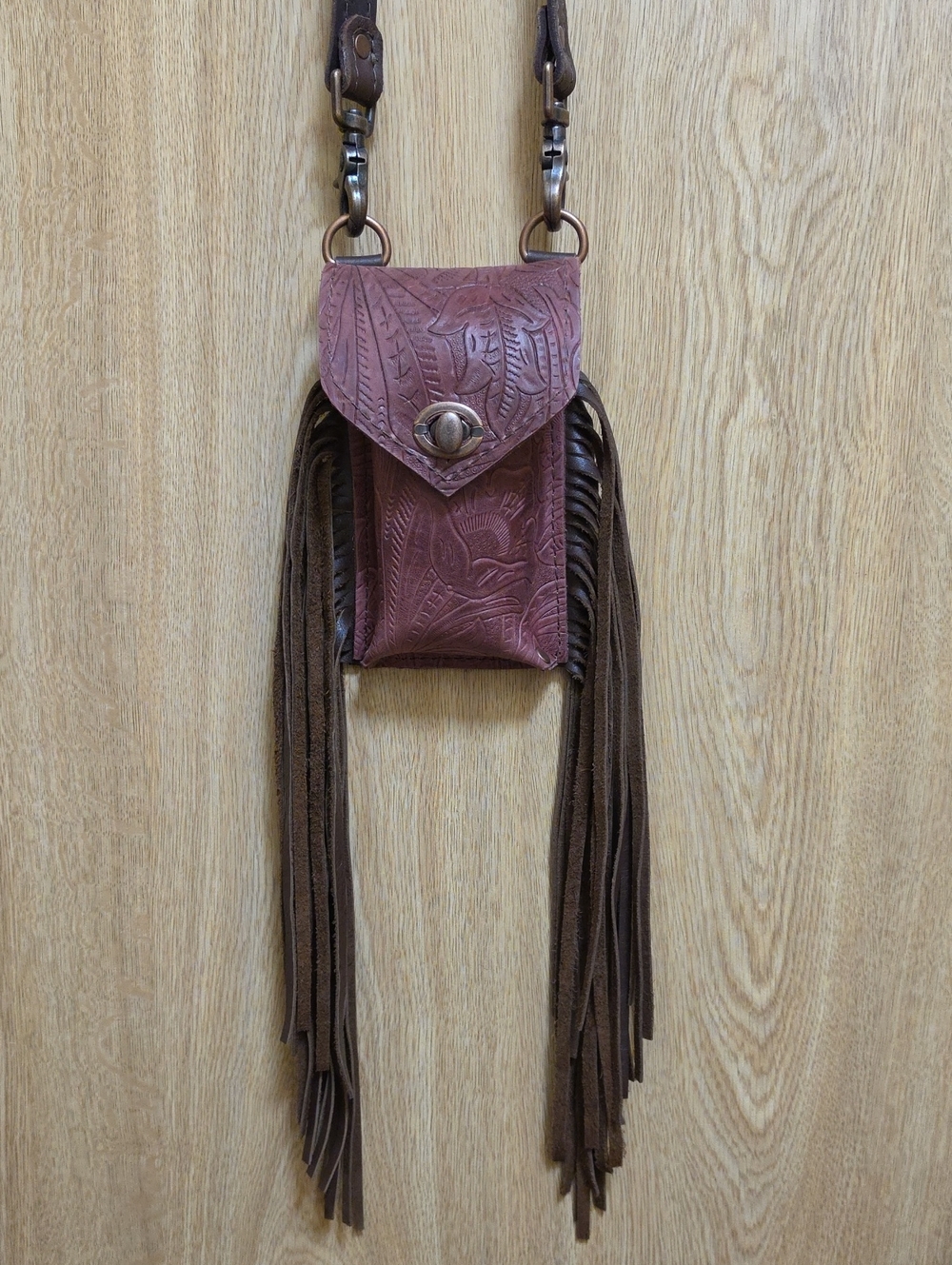 Fringe Tooled Leather Crossbody Phone Pouch - Brown